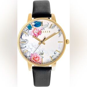 TED BAKER Golden Floral Stainless Steel Black Leather Analog Watch